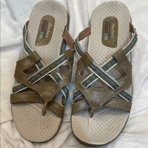 Skechers Outdoor Lifestyle Tan And Teal Slide In Sandals. Very Good Condition.